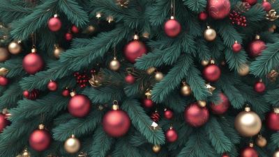 The primary subject of the image is a Christmas tree adorned with ornaments. The tree is surrounded by a green background, and the ornaments are predominantly red. The visual style of the image is a painting, which gives it a more artistic and detailed appearance. The colors and mood of the image are festive and joyful, as the red ornaments and green tree create a warm and inviting atmosphere.